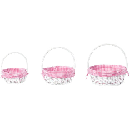 White Round Willow Gift Basket, with Gingham Liner and Handle
