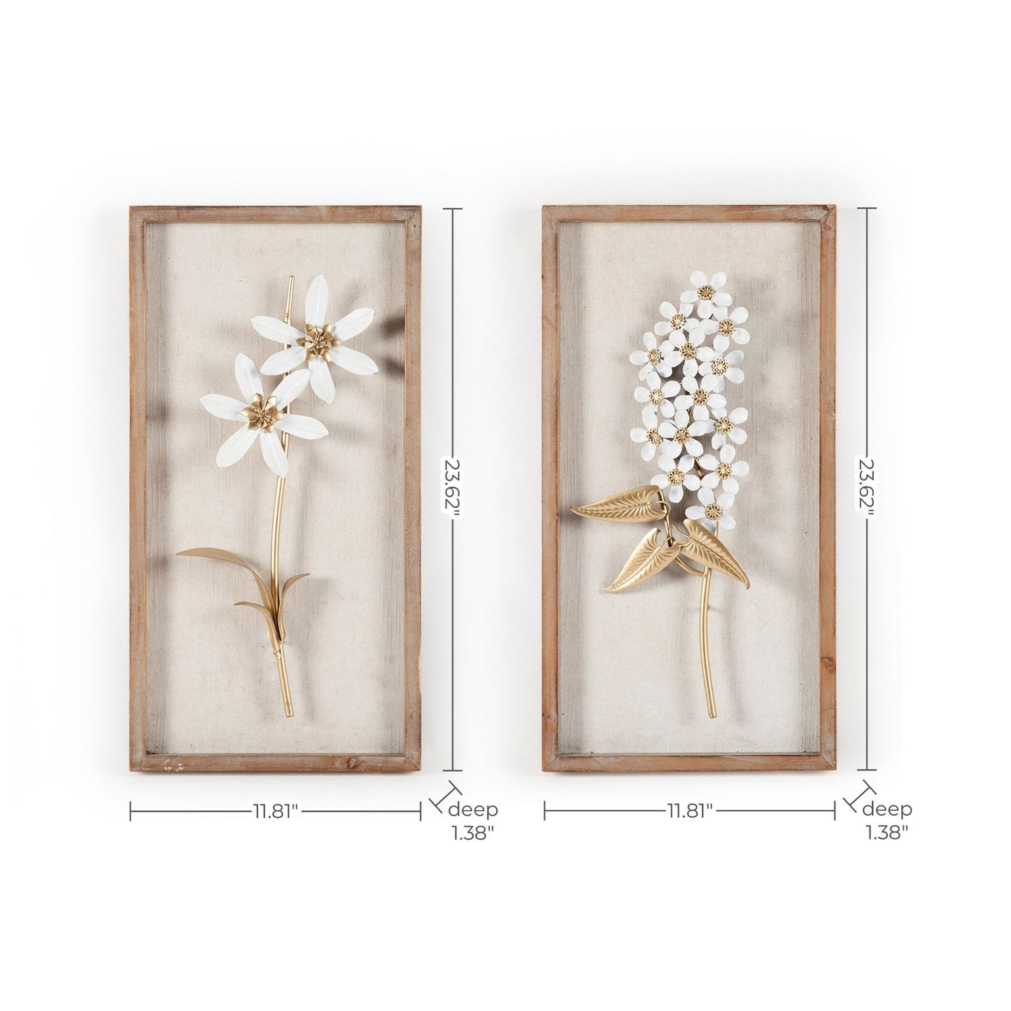 White and Gold Metal Flower Bouquet Wood Frame Wall Decor (Set of 2)