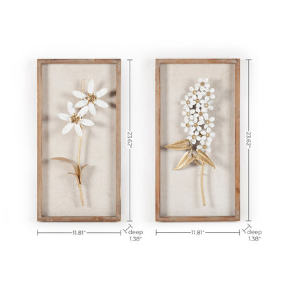 White and Gold Metal Flower Bouquet Wood Frame Wall Decor (Set of 2)