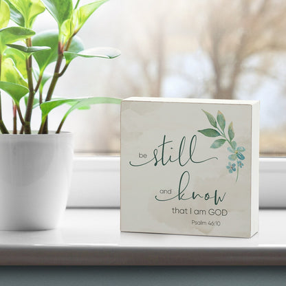 Wood Block Décor Message Be Still and KnowSign, 3.75 inches Square, Made in The USA - Multi-40