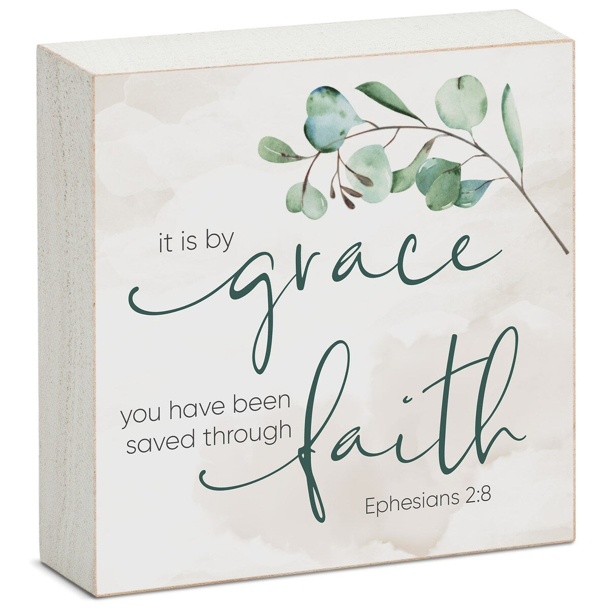 Wood Block Décor Message by Grace Saved Through Faith Sign, 3.75 inches Square, Made in The USA - Multi-38