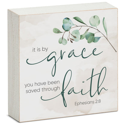 Wood Block Décor Message by Grace Saved Through Faith Sign, 3.75 inches Square, Made in The USA - Multi-38