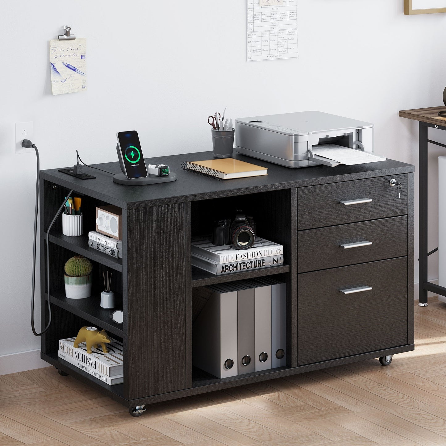 Wood File Cabinet with Charging Station Mobile Lateral Filing Cabinet Lockable Fits A4 Letter Legal Size Files
