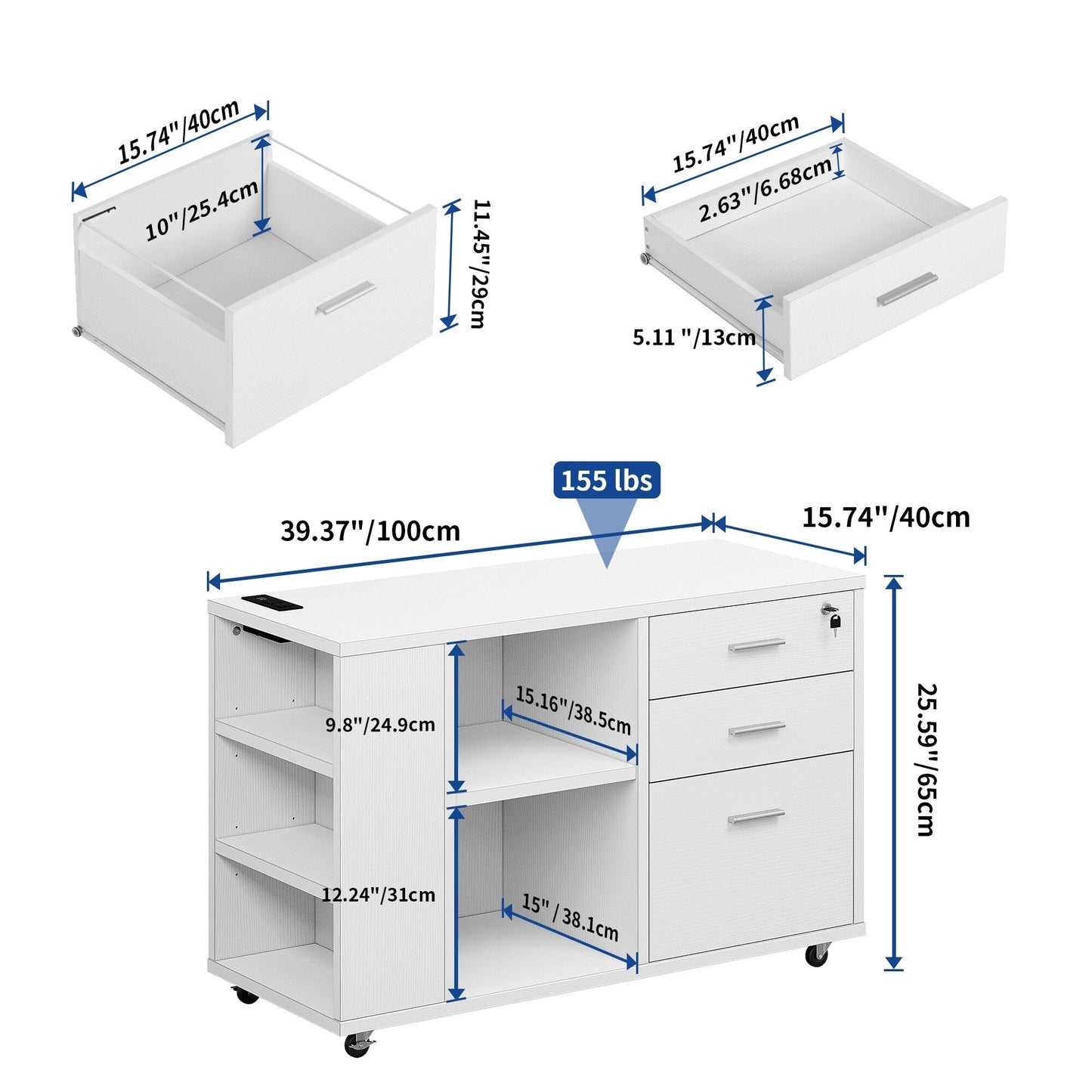 Wood File Cabinet with Charging Station Mobile Lateral Filing Cabinet Lockable Fits A4 Letter Legal Size Files