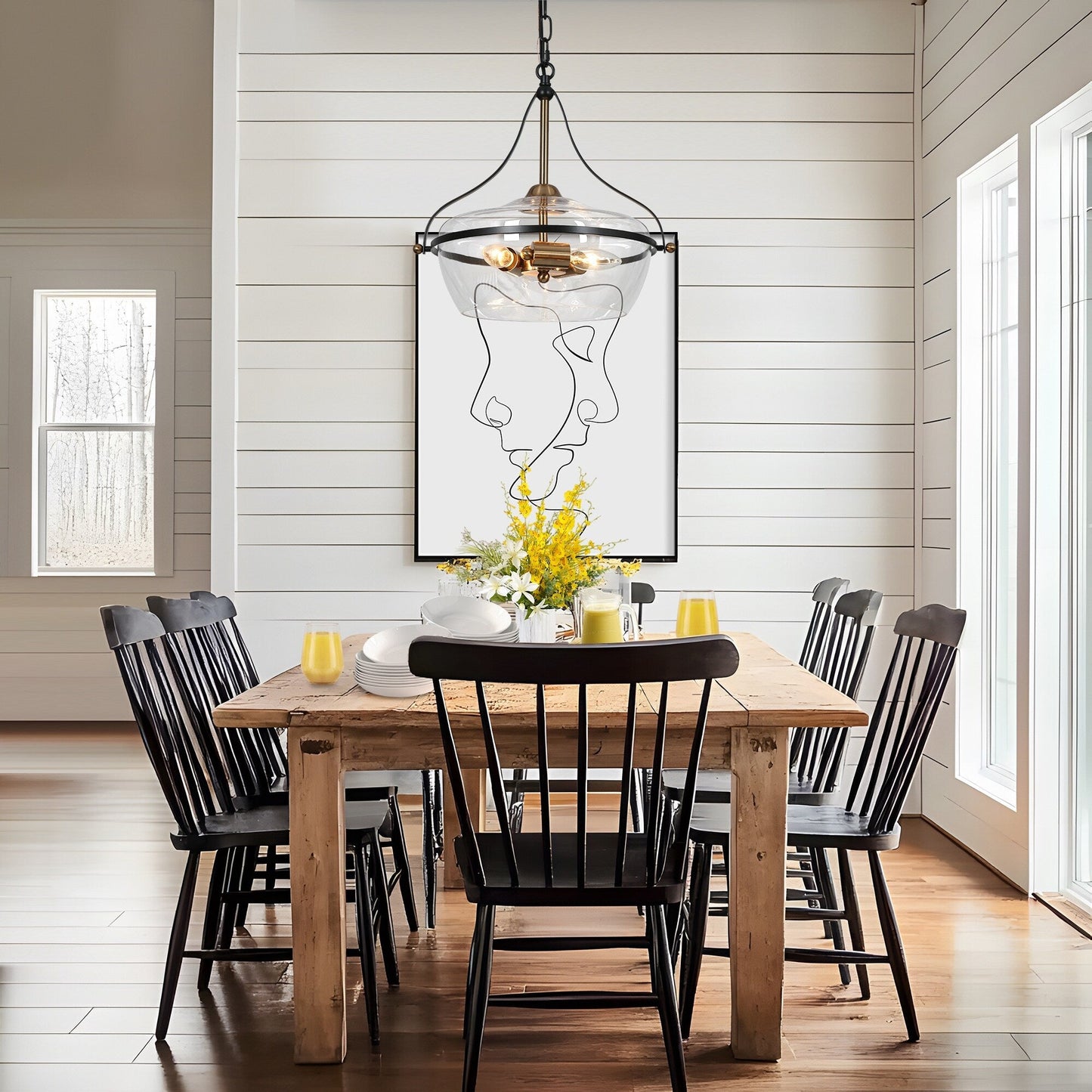 Zelena Modern Farmhouse Black Gold Chandelier 3-Light Glass Pendant Light for Kitchen Island Dining Room