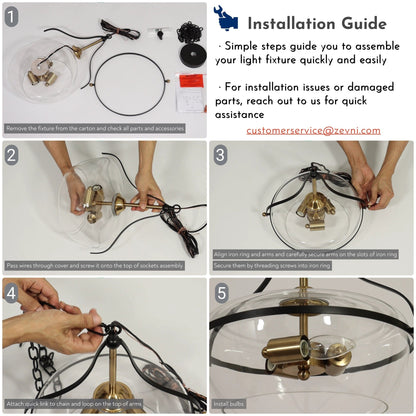 Zelena Modern Farmhouse Black Gold Chandelier 3-Light Glass Pendant Light for Kitchen Island Dining Room