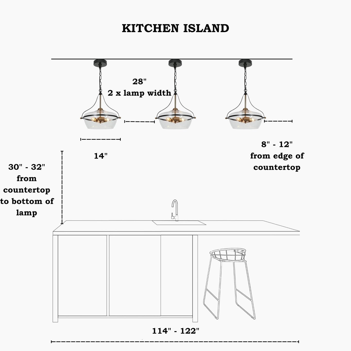 Zelena Modern Farmhouse Black Gold Chandelier 3-Light Glass Pendant Light for Kitchen Island Dining Room