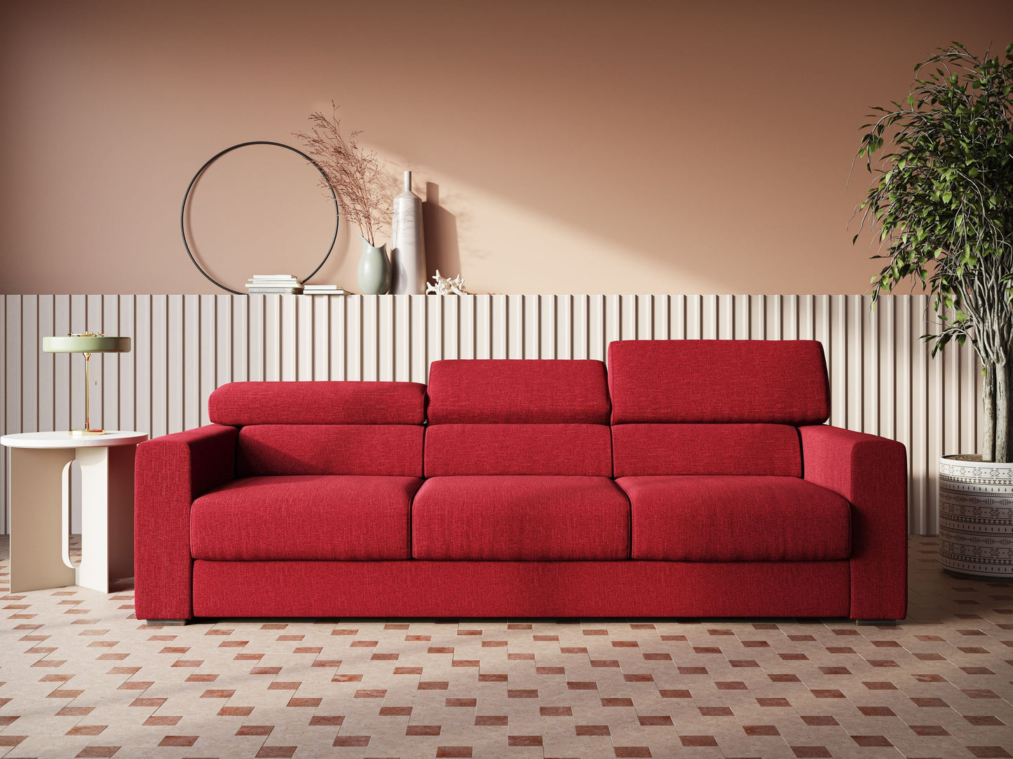 Dylan divano a 3 sedute con pouf estraibile poggiapiedi in tessuto simil cotone impermeabile T13 rosso