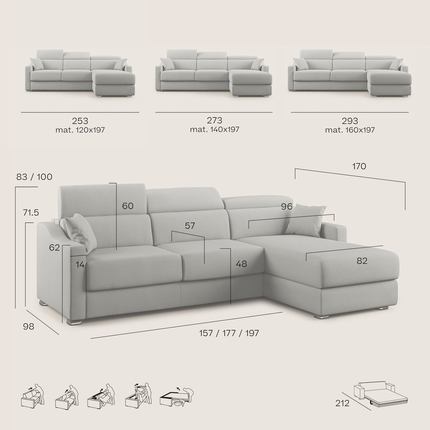 Divano letto angolare Amber in tessuto smacchiabile T05 beige