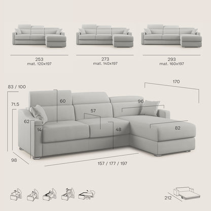 Amber divano letto angolare in tessuto smacchiabile T05 grigio