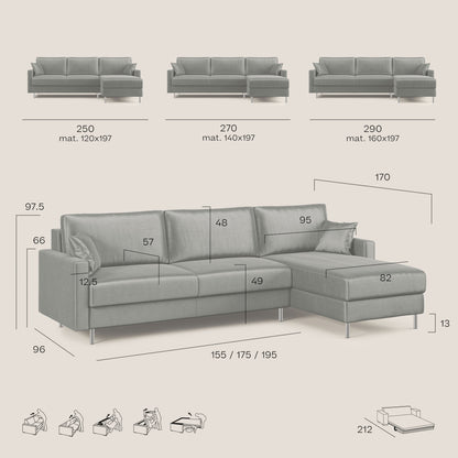 Andromeda divano letto angolare in velluto morbido impermeabile T01 grigio