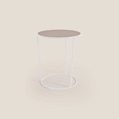 Costance tavolino rotondo da salotto con piano in pelle fiore melaminico bianco