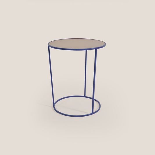 Costance tavolino rotondo da salotto con piano in pelle fiore melaminico blu navy