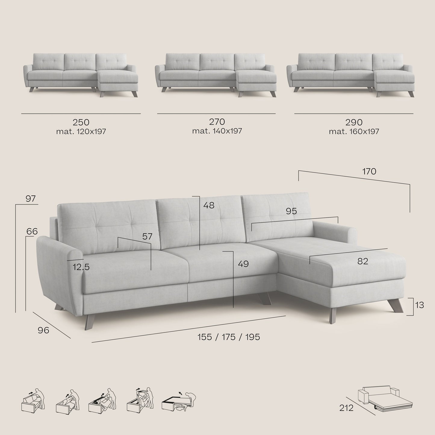 Callisto Divano letto angolare con penisola in tessuto morbido impermeabile T02 marrone