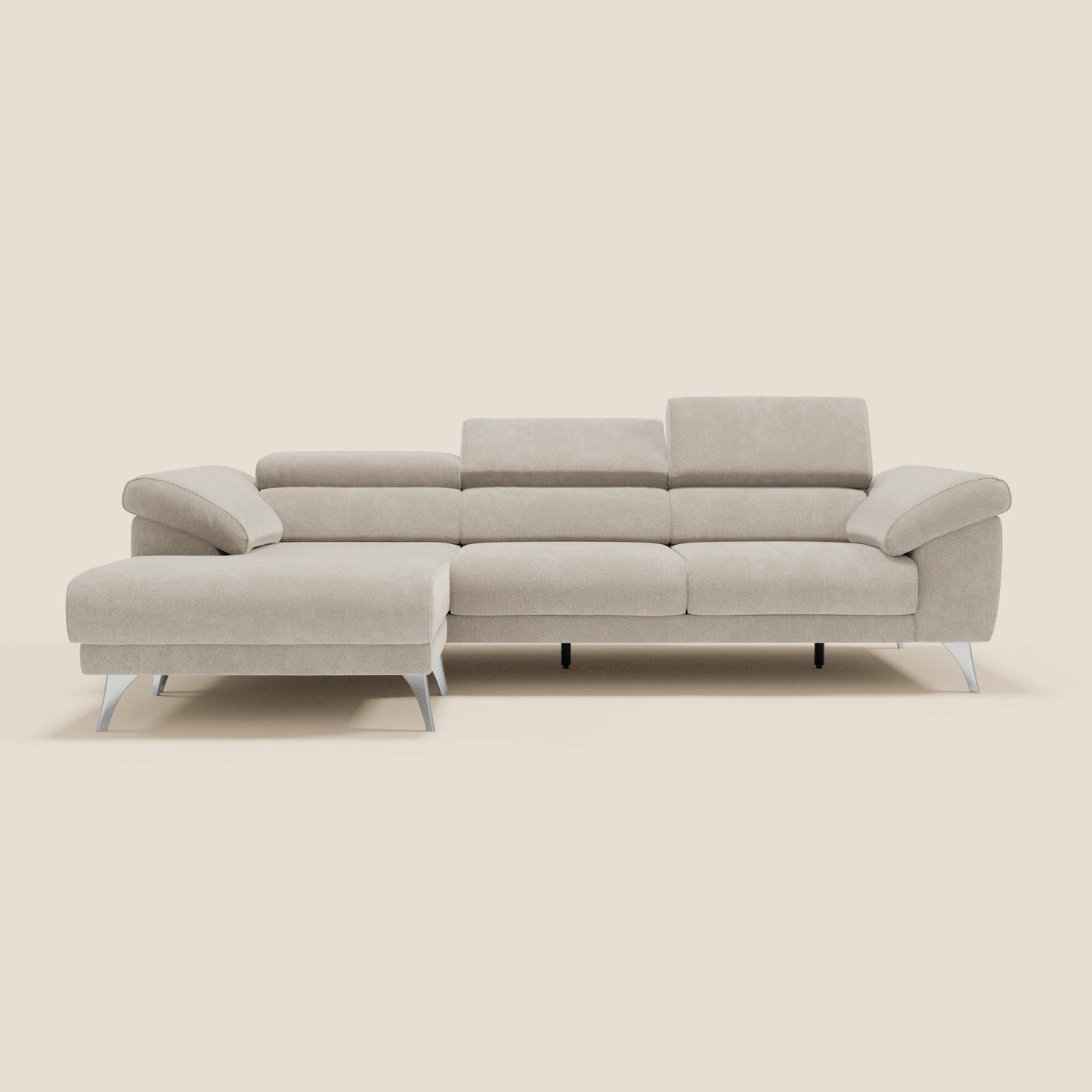 Donatello Divano angolare con sedute scorrevoli braccioli contenitore e poggiatesta in tessuto morbido smacchiabile T23 panna