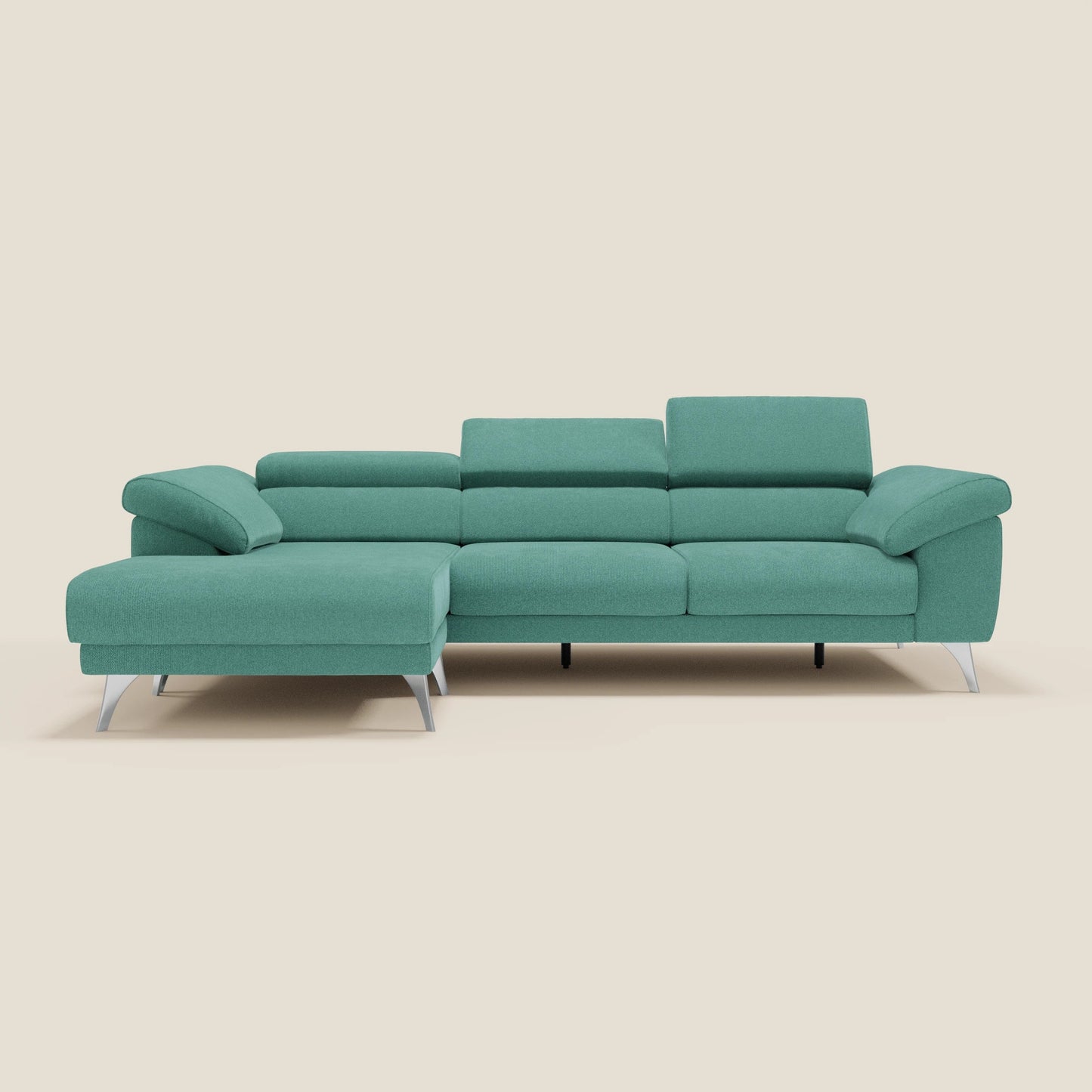 Donatello Divano angolare con sedute scorrevoli braccioli contenitore e poggiatesta in tessuto morbido smacchiabile T23 verde acqua