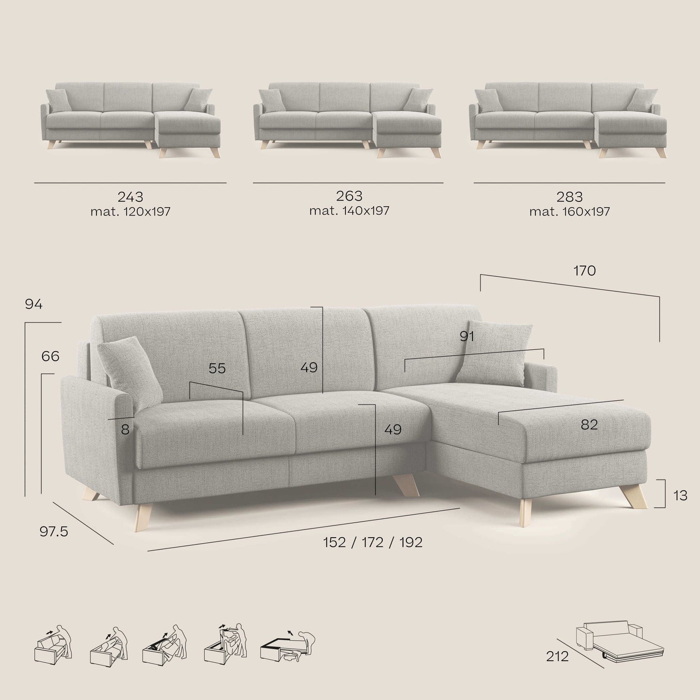 Edgar divano letto angolare in tessuto felis impermeabile T03 azzurro