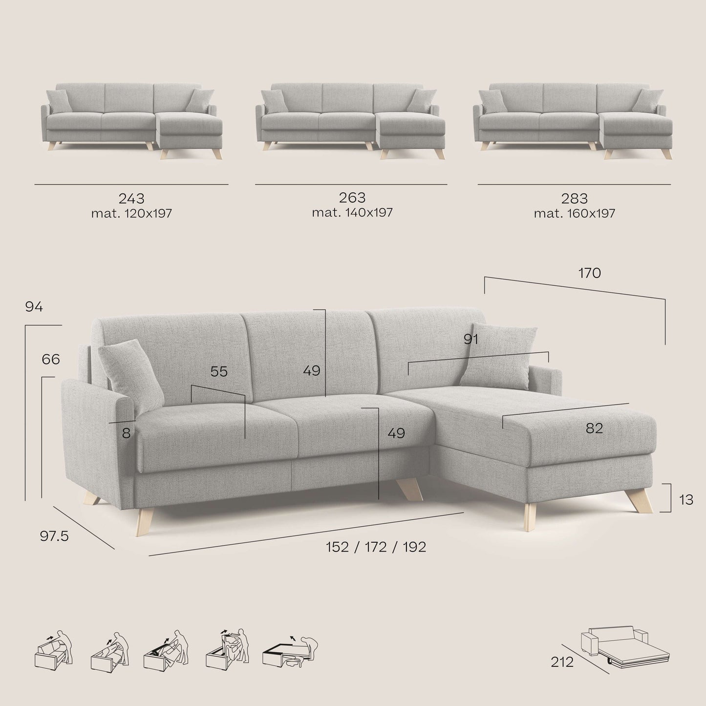 Edgar divano letto angolare in tessuto felis impermeabile T03 beige