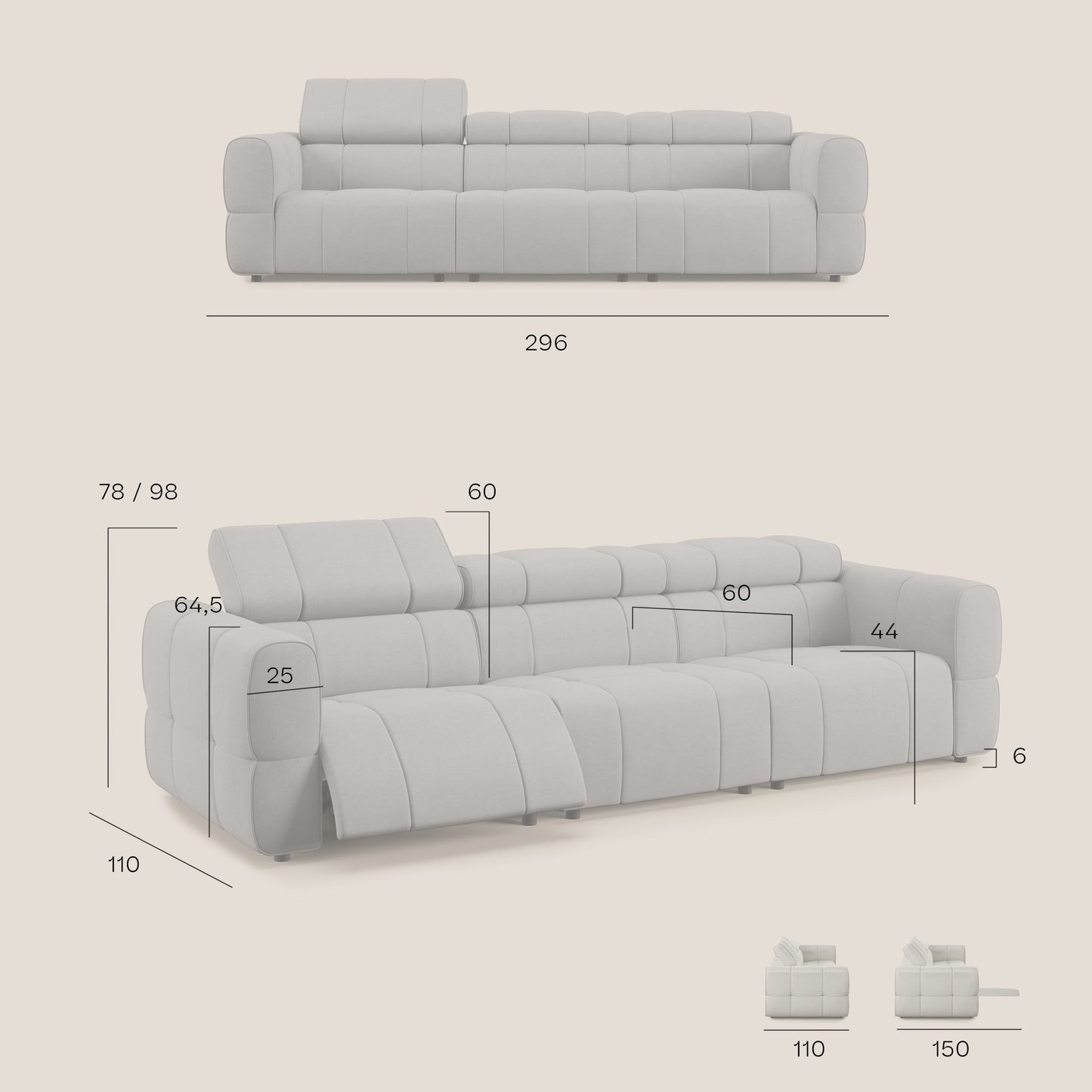 Giotto Divano modulare a 3 sedute con opzione relax elettrico in microfibra effetto velluto impermeabile T09 rosa