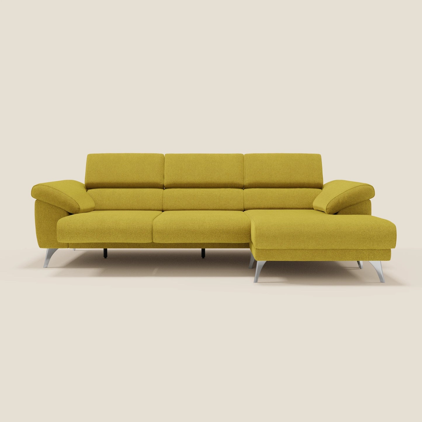 Donatello Divano angolare con sedute scorrevoli braccioli contenitore e poggiatesta in tessuto morbido smacchiabile T23 suola gialla