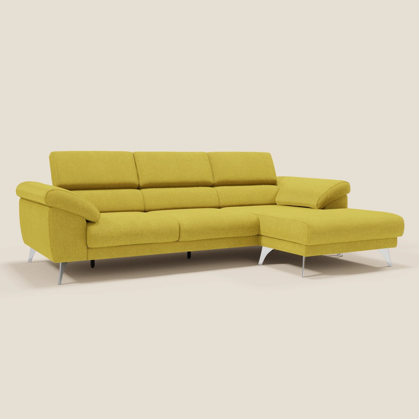 Donatello Divano angolare con sedute scorrevoli braccioli contenitore e poggiatesta in tessuto morbido smacchiabile T23 suola gialla