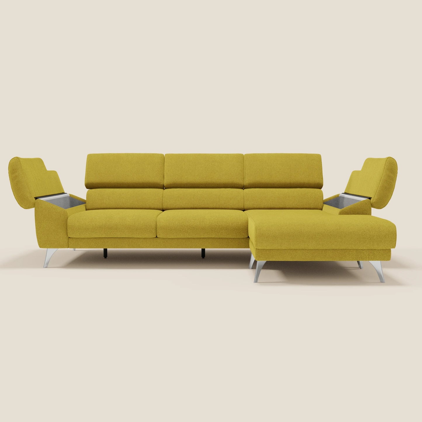 Donatello Divano angolare con sedute scorrevoli braccioli contenitore e poggiatesta in tessuto morbido smacchiabile T23 suola gialla