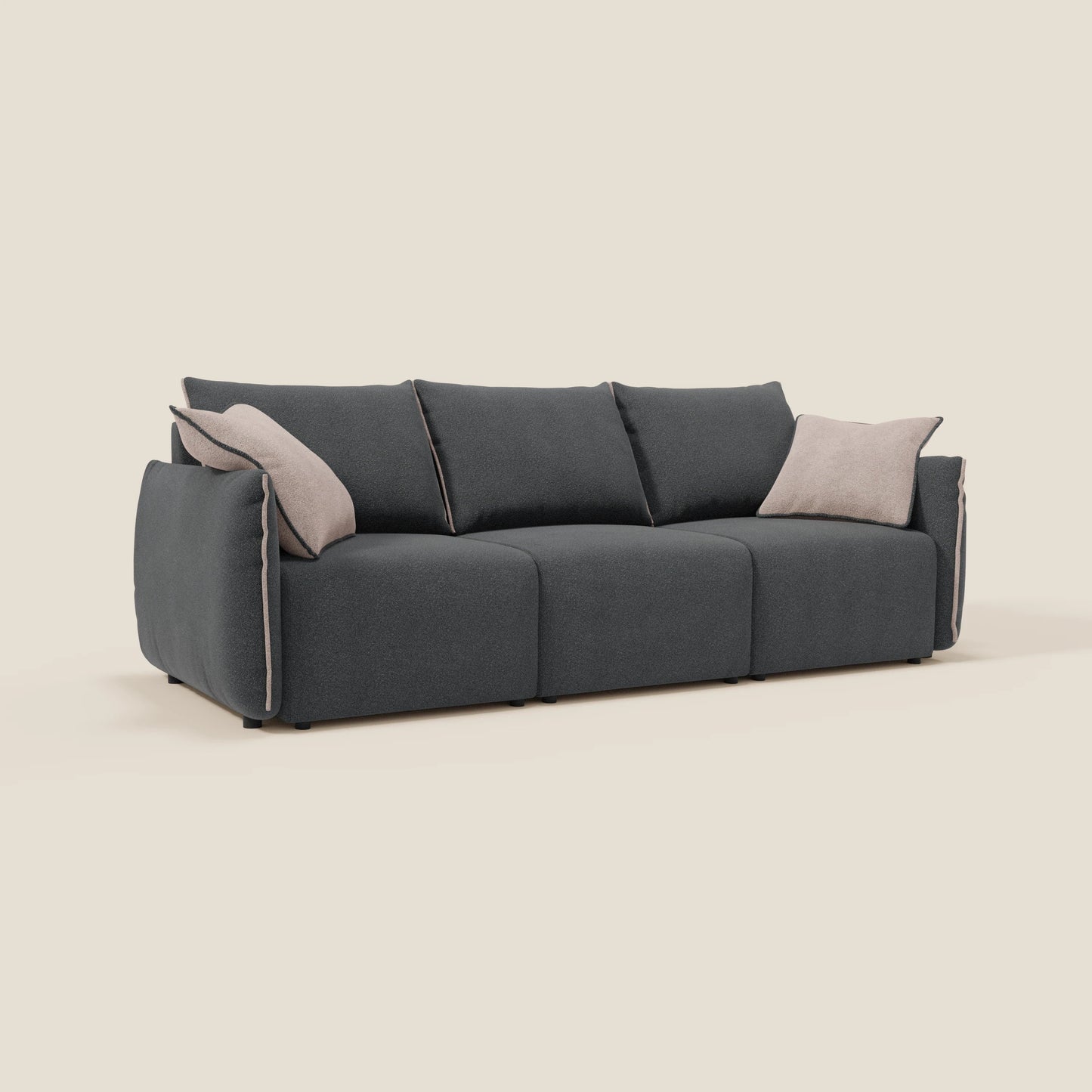 Divano Flexar con 3 sedute allungabili schienale in piuma d'oca in bouclé impermeabile T07 antracite - rosa 