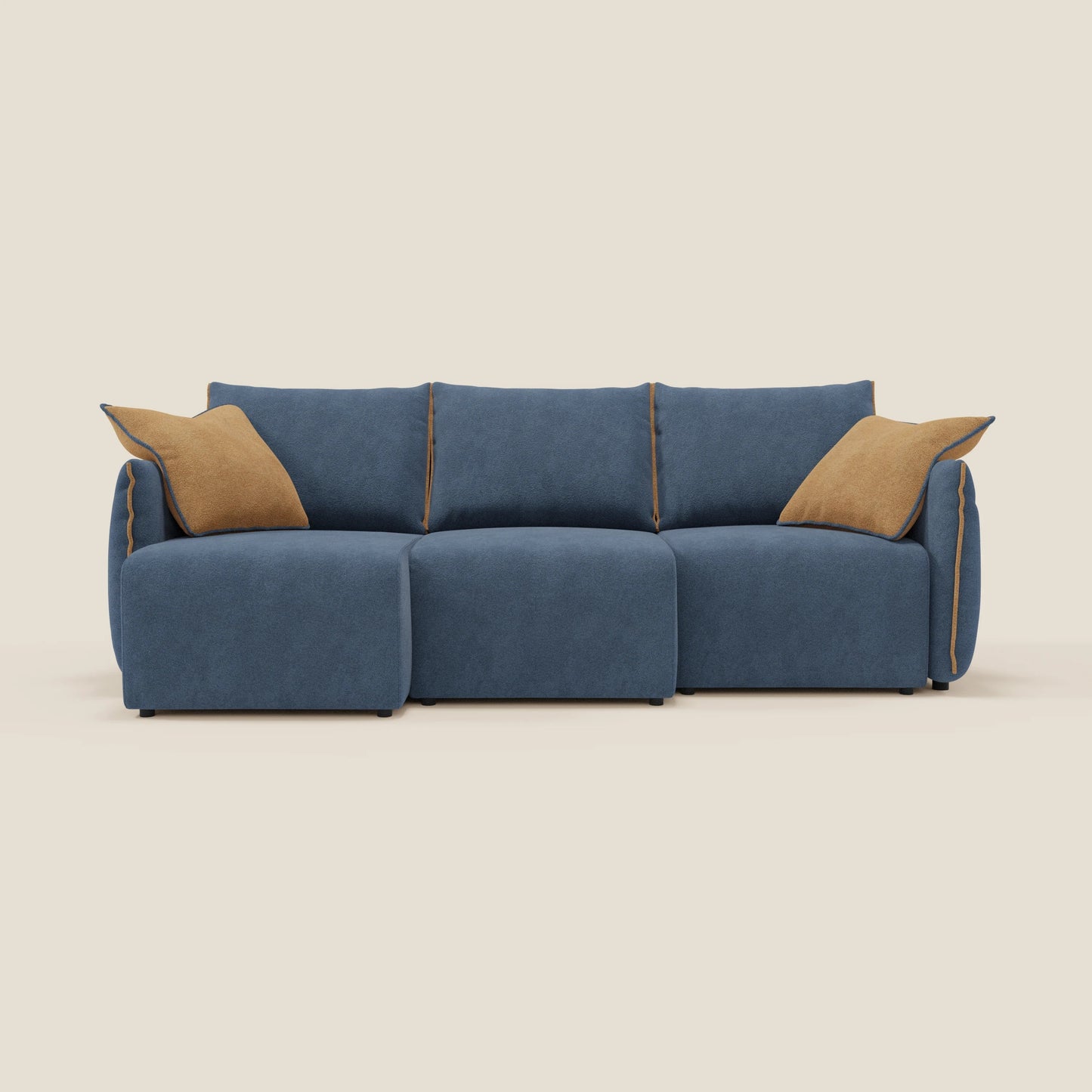 Divano Flexar con 3 sedute allungabili schienale in piuma d'oca in bouclé impermeabile T07 blu - arancio 