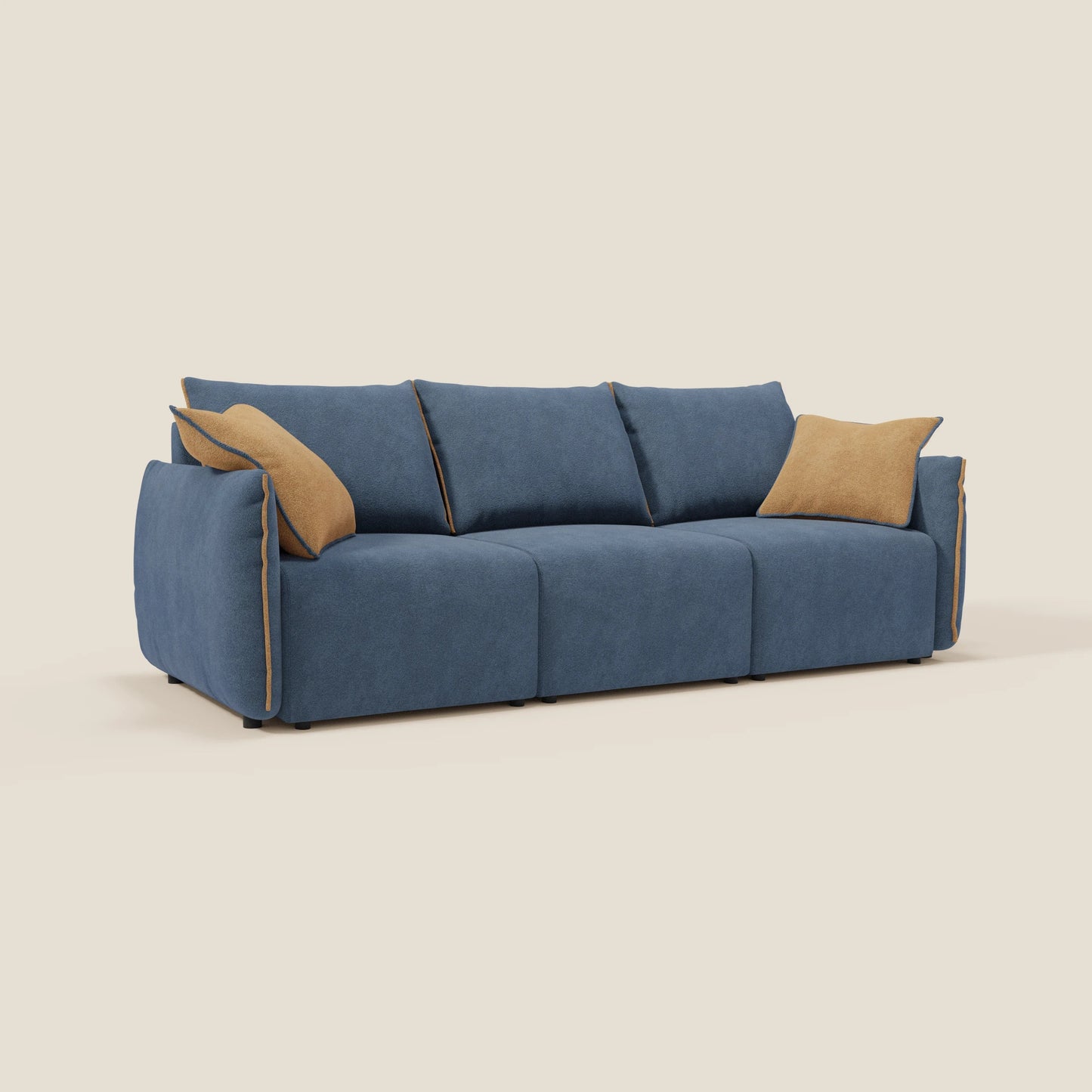 Divano Flexar con 3 sedute allungabili schienale in piuma d'oca in bouclé impermeabile T07 blu - arancio 