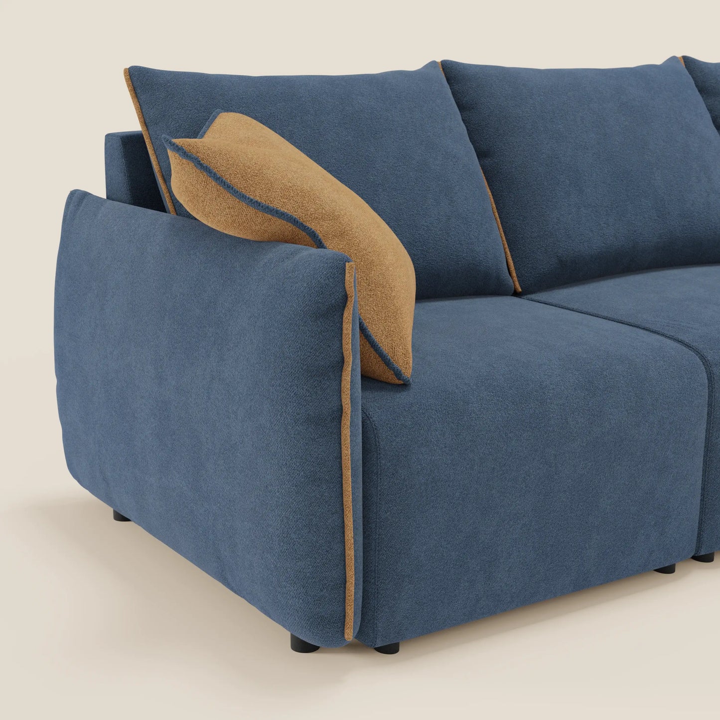 Divano Flexar con 3 sedute allungabili schienale in piuma d'oca in bouclé impermeabile T07 blu - arancio 