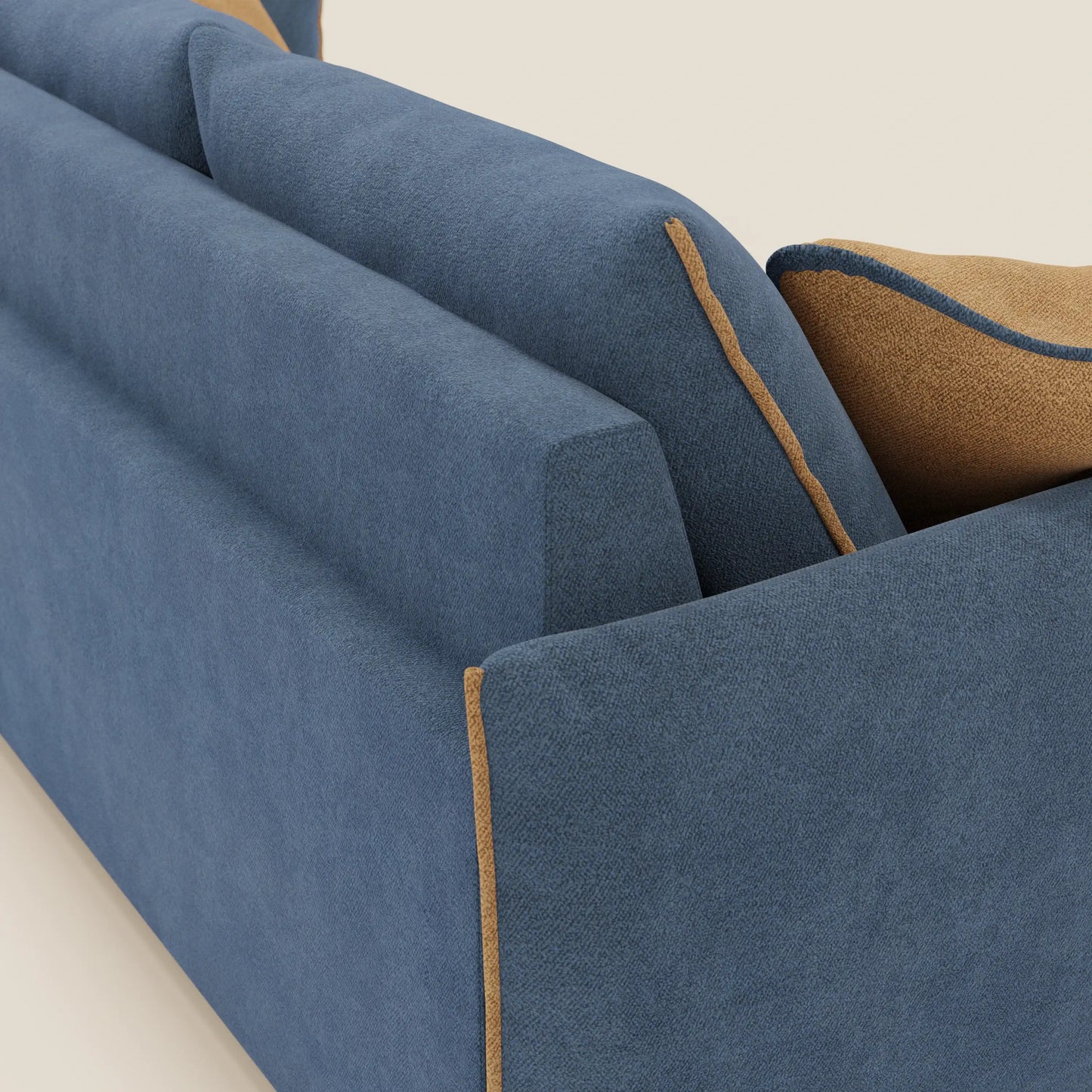 Divano Flexar con 3 sedute allungabili schienale in piuma d'oca in bouclé impermeabile T07 blu - arancio 