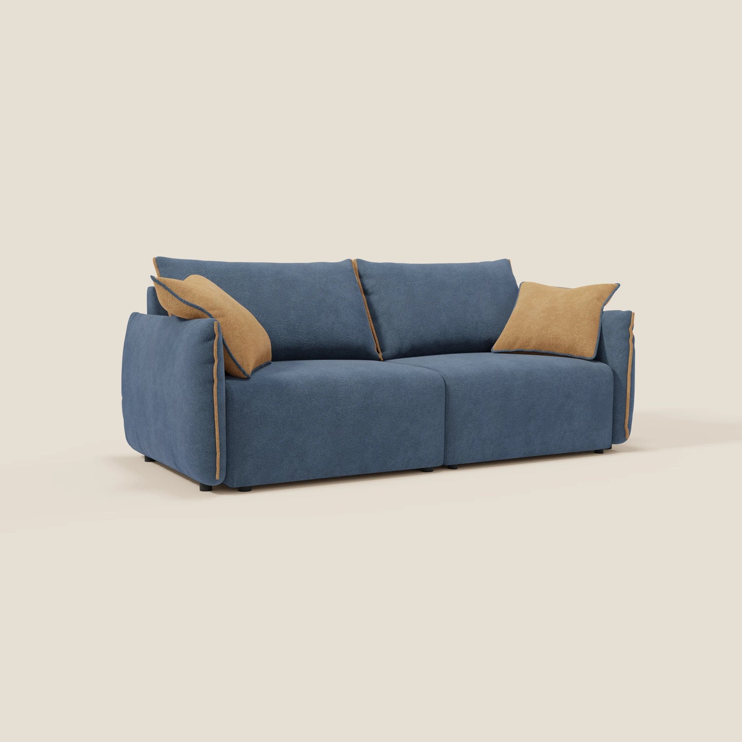 Divano Flexar con sedute allungabili e schienale in piuma in morbido bouclé impermeabile T07 blu - arancio 