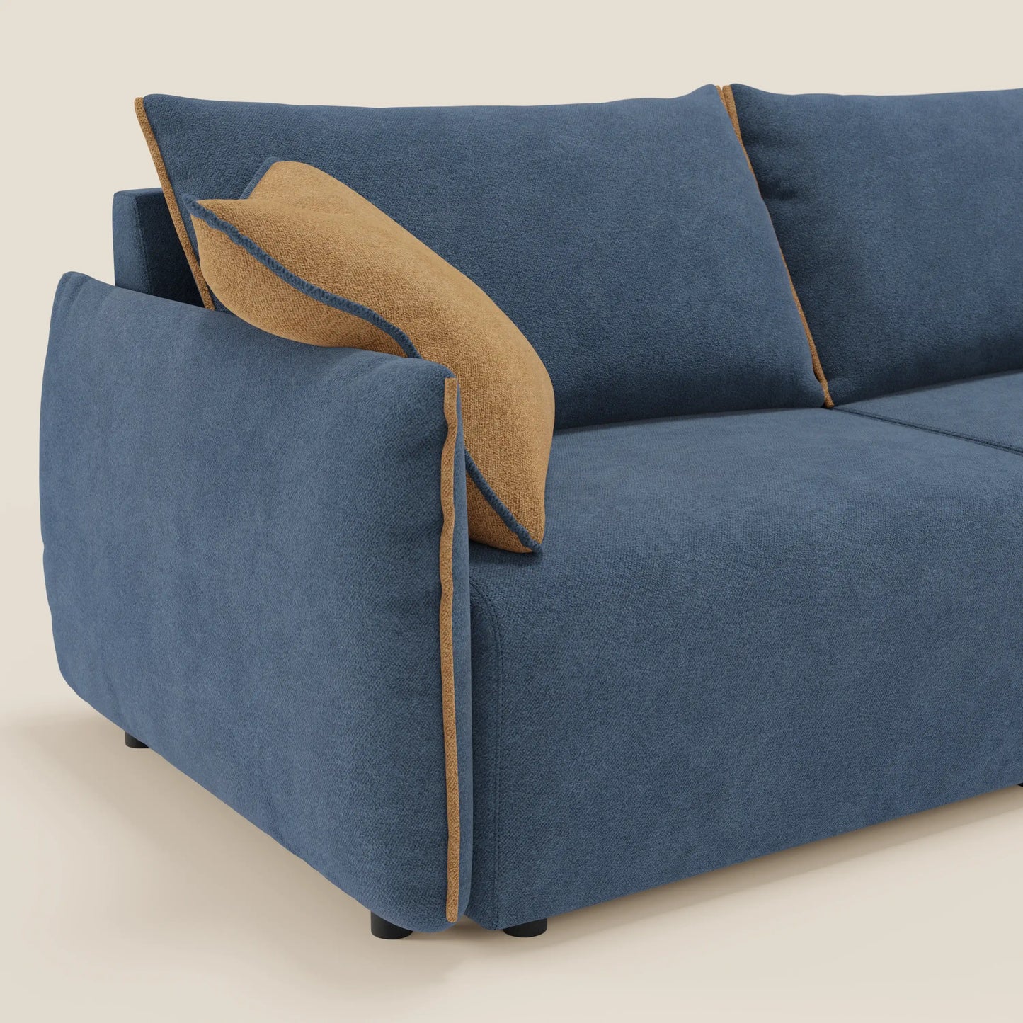 Divano Flexar con sedute allungabili e schienale in piuma in morbido bouclé impermeabile T07 blu - arancio 