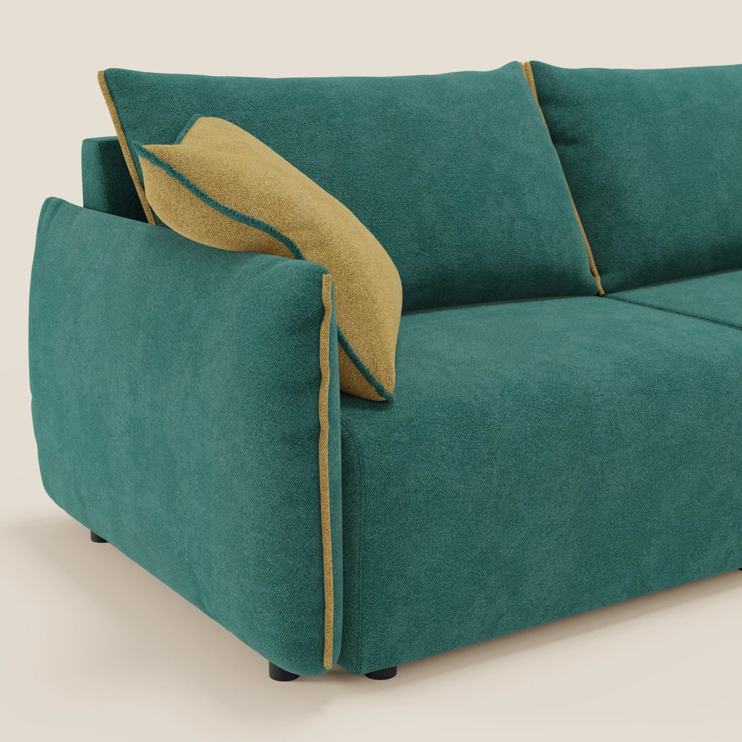 Divano Flexar con sedute allungabili e schienale in piuma in morbido bouclé impermeabile T07 verde - giallo 