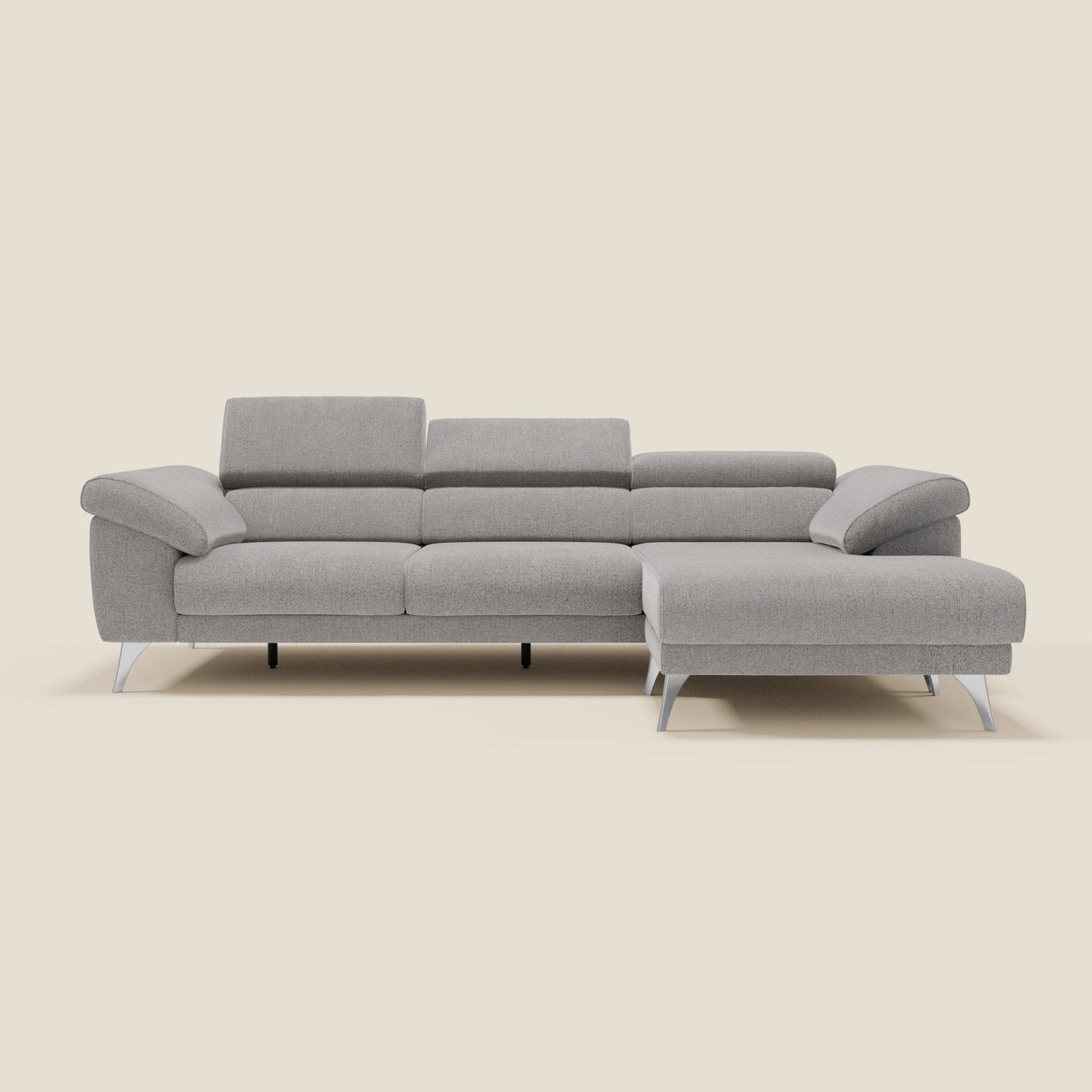 Donatello Divano angolare con sedute scorrevoli braccioli contenitore e poggiatesta in tessuto morbido smacchiabile T23 grigio