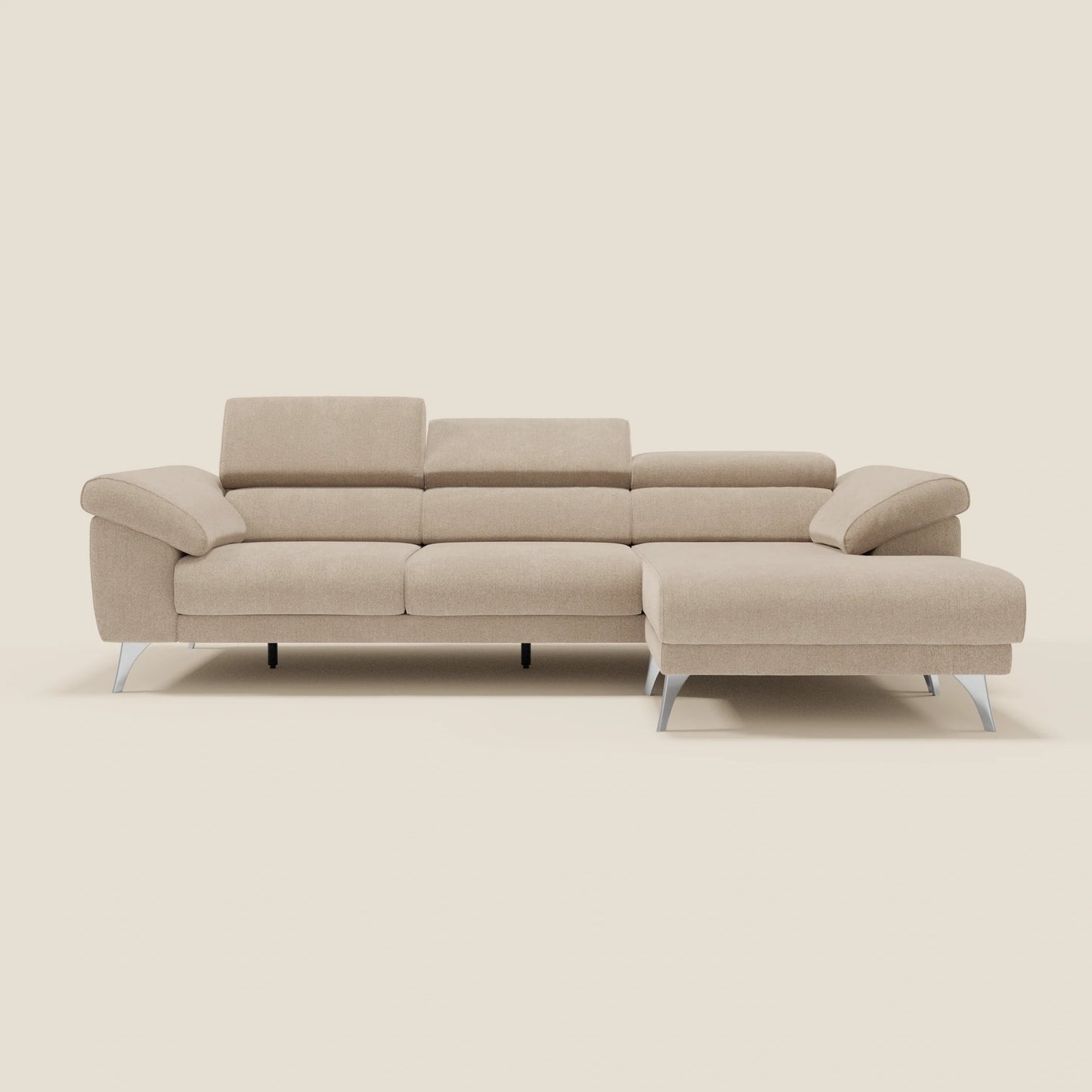 Donatello Divano angolare con sedute scorrevoli braccioli contenitore e poggiatesta in tessuto morbido smacchiabile T23 beige