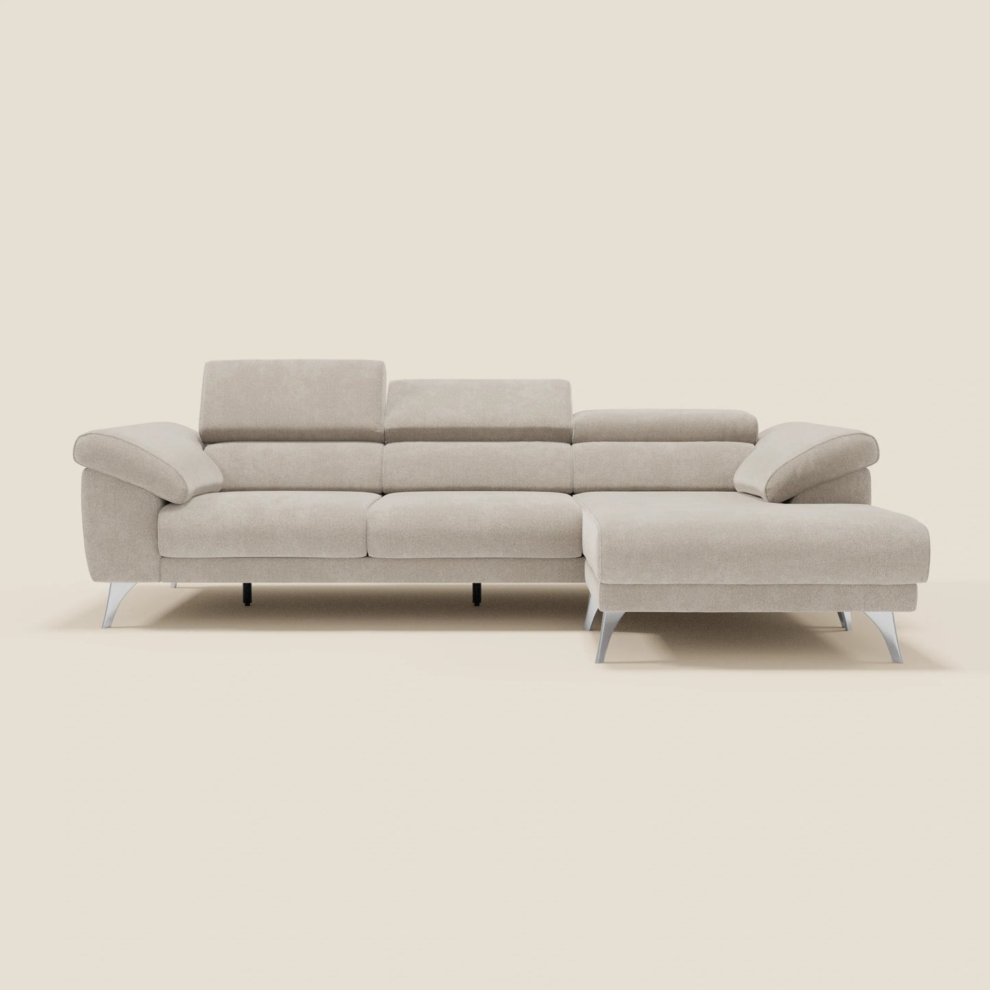 Donatello Divano angolare con sedute scorrevoli braccioli contenitore e poggiatesta in tessuto morbido smacchiabile T23 panna