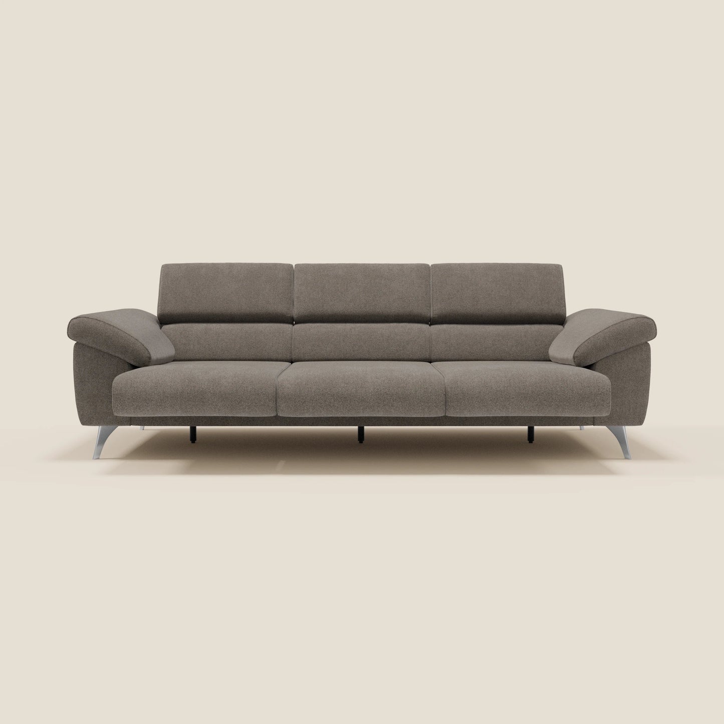 Donatello divano con 3 sedute allungabili braccioli contenitore e poggiatesta reclinabili in tessuto smacchiabile T23 talpa