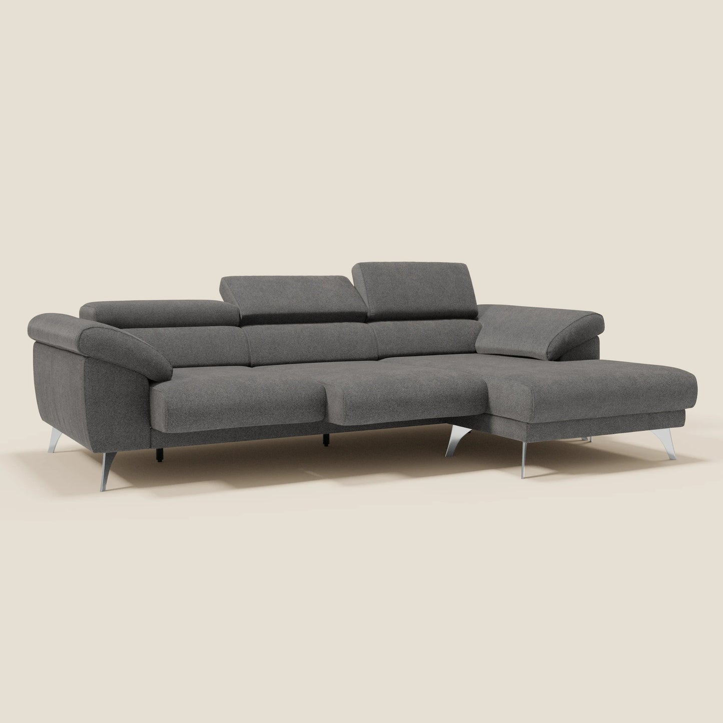 Donatello Divano angolare con sedute scorrevoli braccioli contenitore e poggiatesta in tessuto morbido smacchiabile T23 antracite