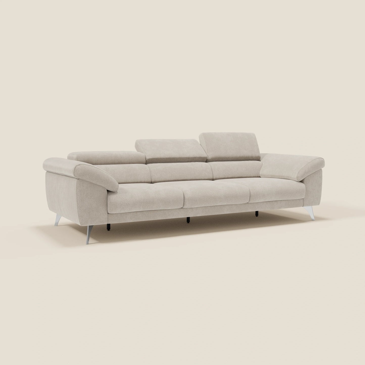 Donatello divano con 3 sedute allungabili braccioli contenitore e poggiatesta reclinabili in tessuto smacchiabile T23 panna