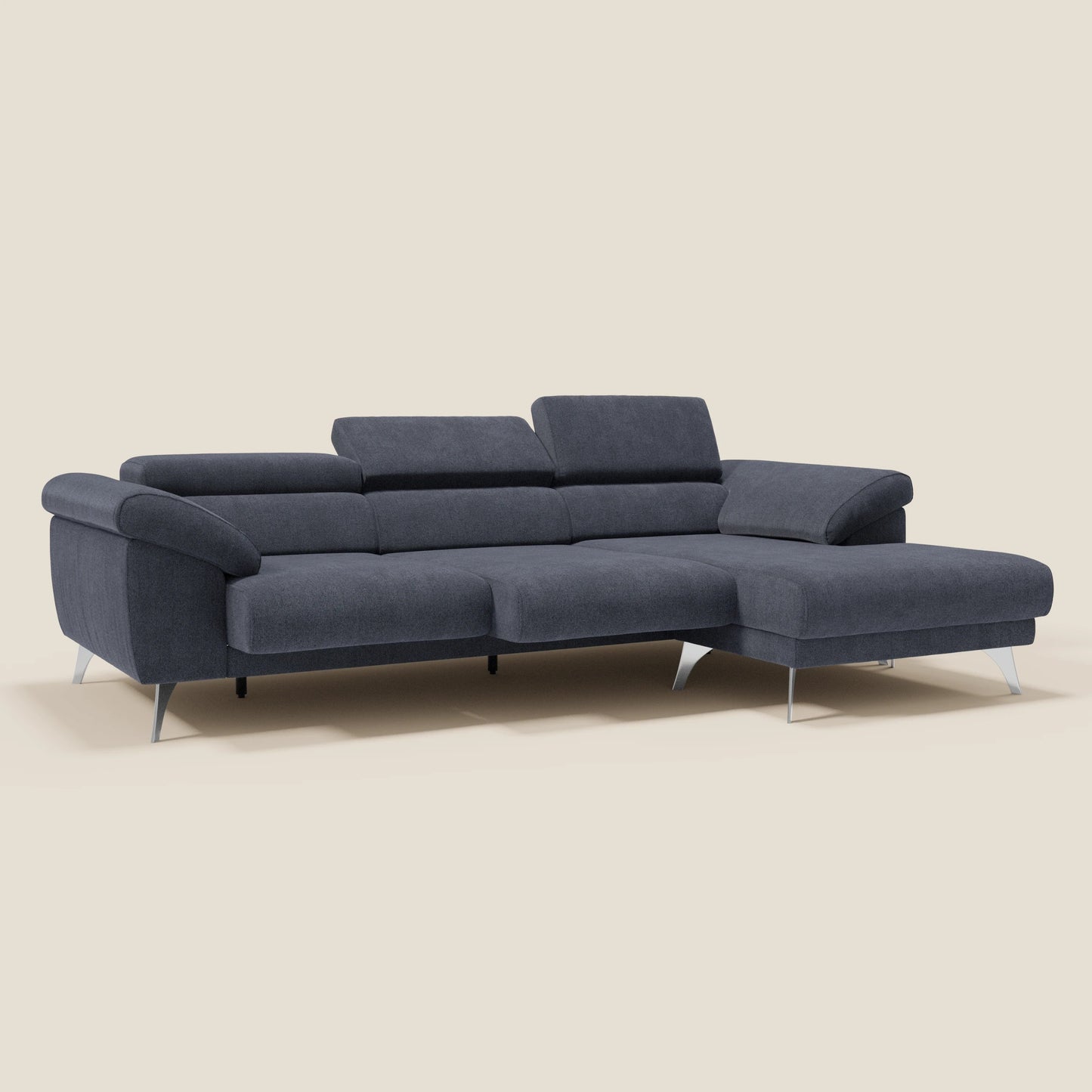 Donatello Divano angolare con sedute scorrevoli braccioli contenitore e poggiatesta in tessuto morbido smacchiabile T23 blu ardesia