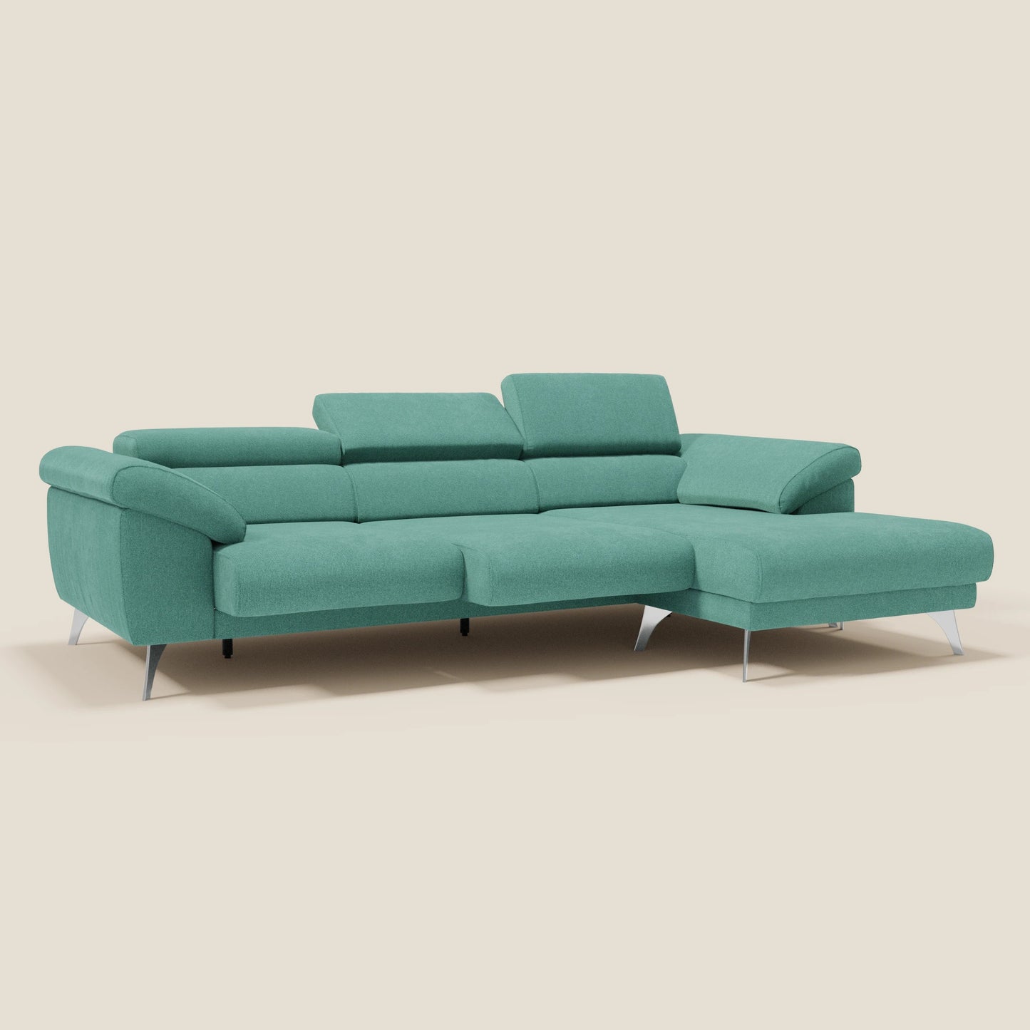 Donatello Divano angolare con sedute scorrevoli braccioli contenitore e poggiatesta in tessuto morbido smacchiabile T23 verde acqua