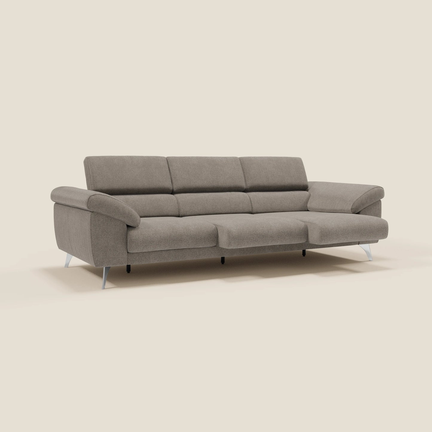 Donatello divano con 3 sedute allungabili braccioli contenitore e poggiatesta reclinabili in tessuto smacchiabile T23 talpa