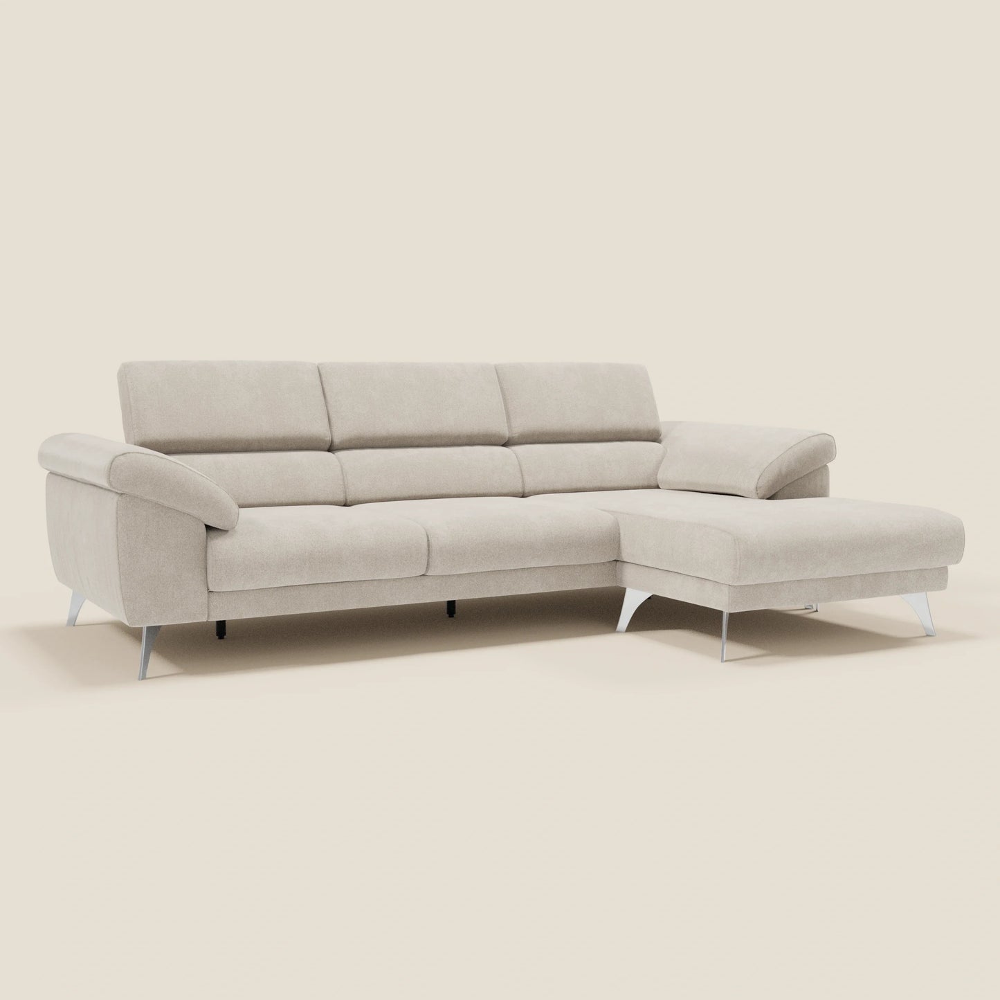 Donatello Divano angolare con sedute scorrevoli braccioli contenitore e poggiatesta in tessuto morbido smacchiabile T23 panna