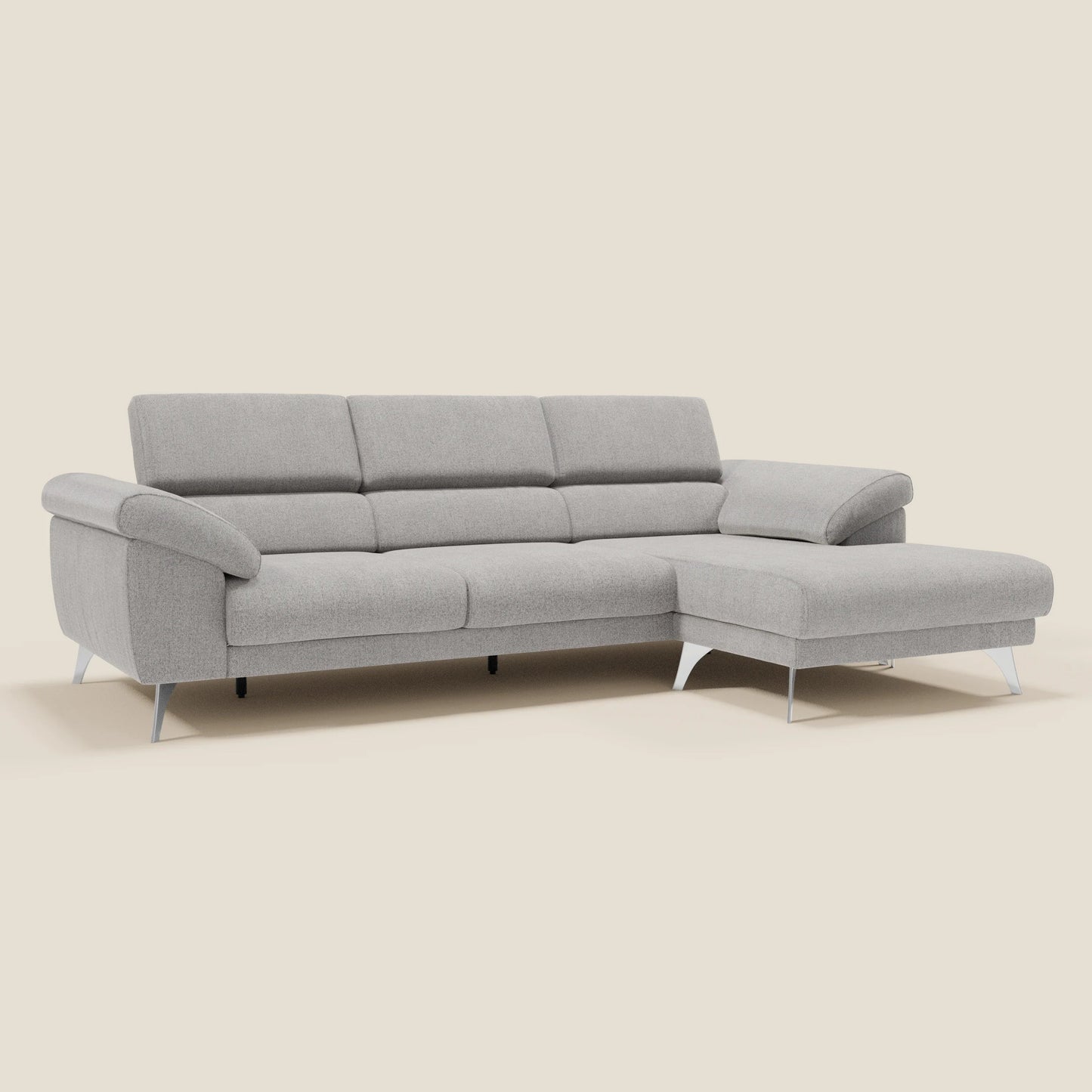 Donatello Divano angolare con sedute scorrevoli braccioli contenitore e poggiatesta in tessuto morbido smacchiabile T23 grigio