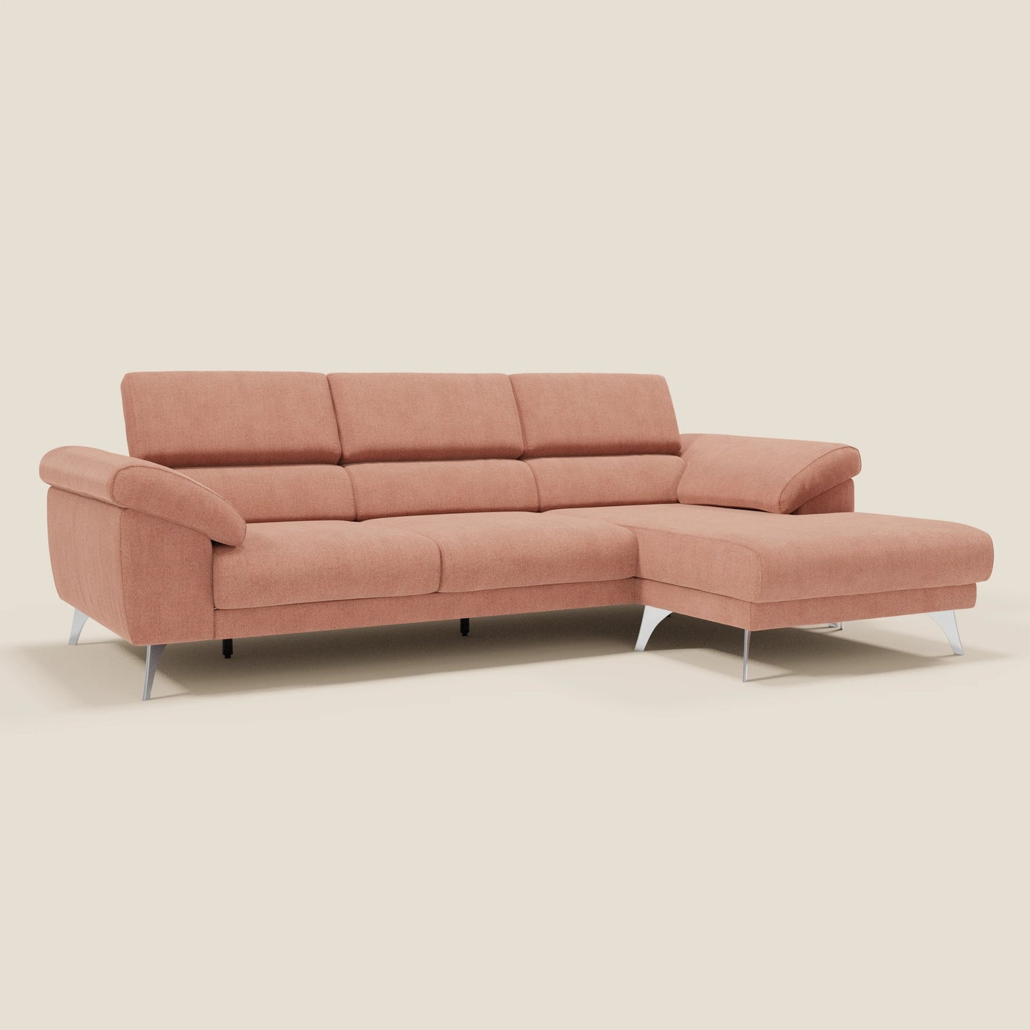 Donatello Divano angolare con sedute scorrevoli braccioli contenitore e poggiatesta in tessuto morbido smacchiabile T23 pesca