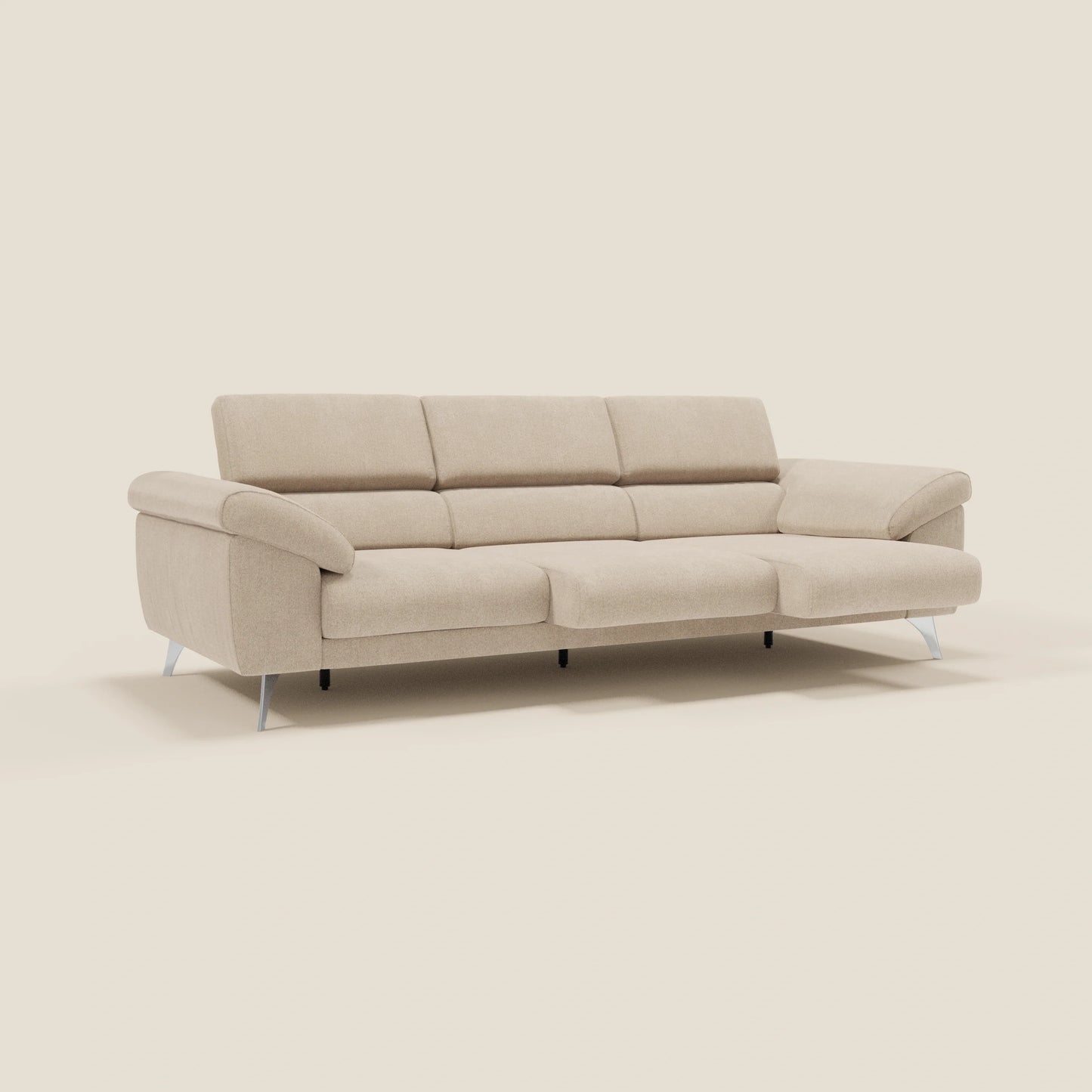 Donatello divano con 3 sedute allungabili braccioli contenitore e poggiatesta reclinabili in tessuto smacchiabile T23 beige