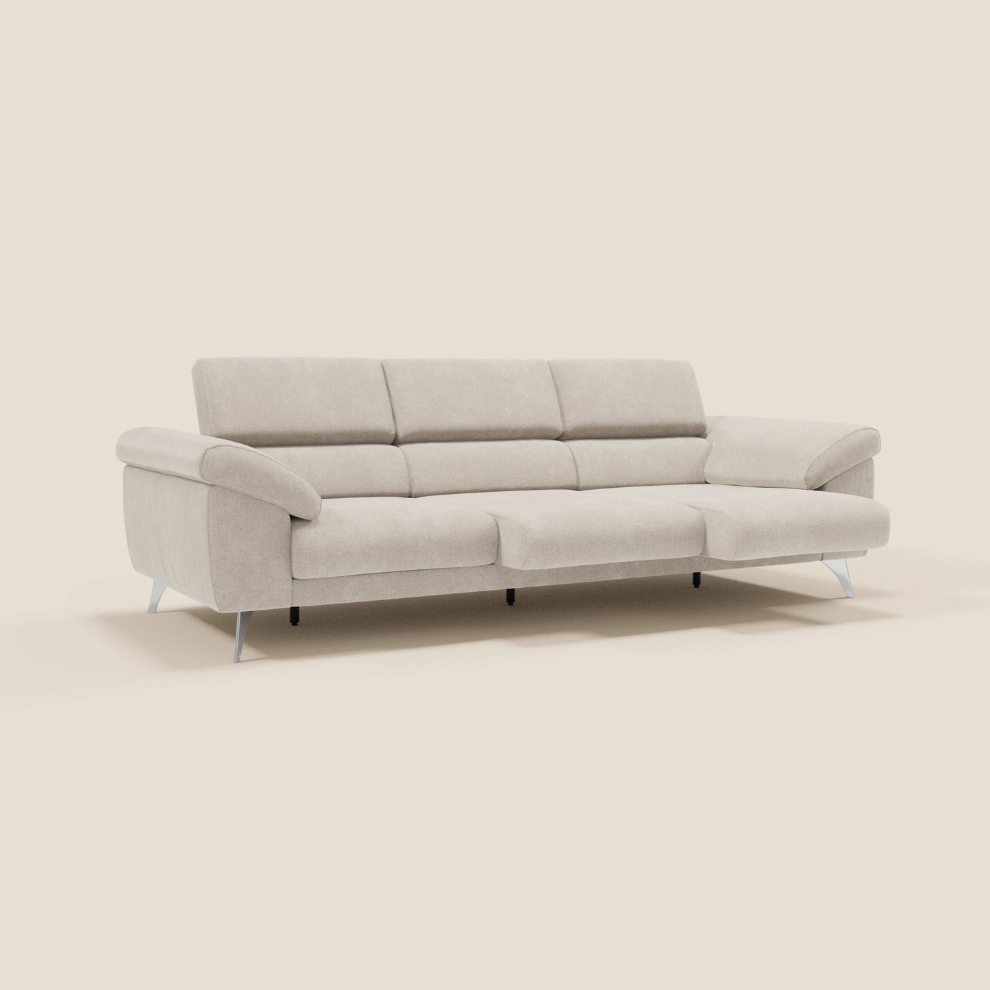 Donatello divano con 3 sedute allungabili braccioli contenitore e poggiatesta reclinabili in tessuto smacchiabile T23 panna