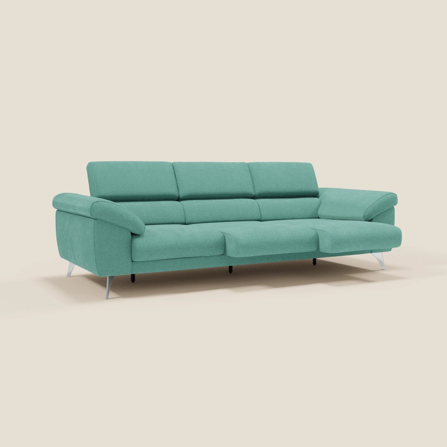 Donatello divano con 3 sedute allungabili braccioli contenitore e poggiatesta reclinabili in tessuto smacchiabile T23 verde acqua