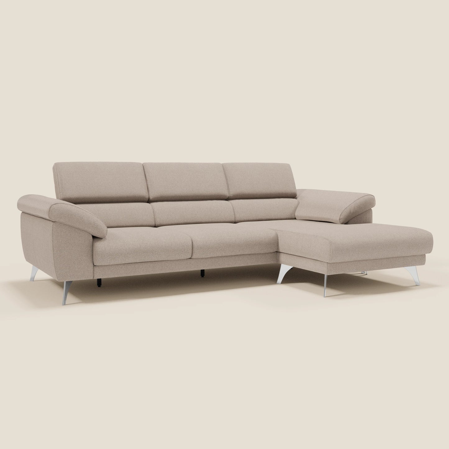 Donatello Divano angolare con sedute scorrevoli braccioli contenitore e poggiatesta in tessuto morbido smacchiabile T23 tortora